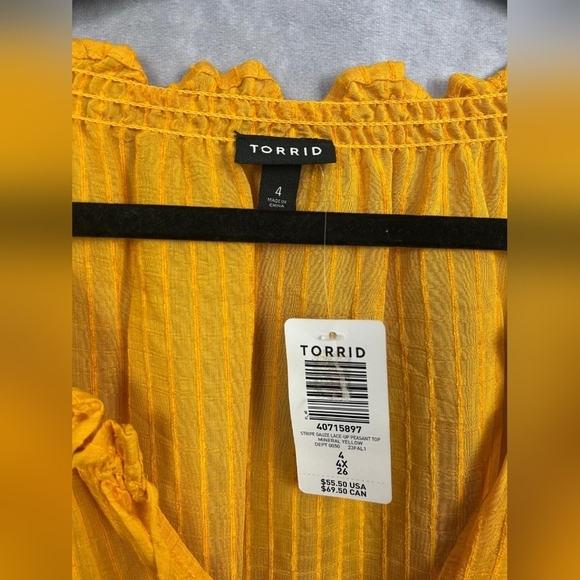 Torrid Yellow Stripe Gauze Front Tie Lace-Up Peasant Blouse Size 4X - Picture 7 of 10